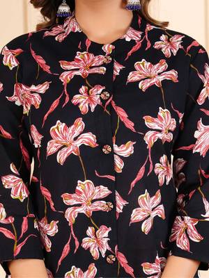 Women black cotton printed & hand work straight kurta bottom set 2