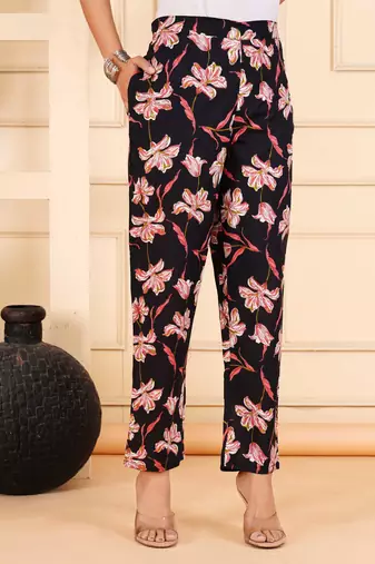 Women black cotton printed & hand work straight kurta bottom set