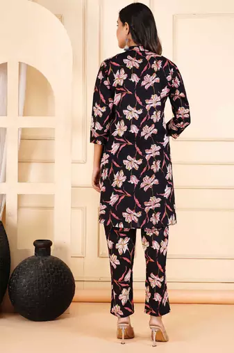 Women black cotton printed & hand work straight kurta bottom set