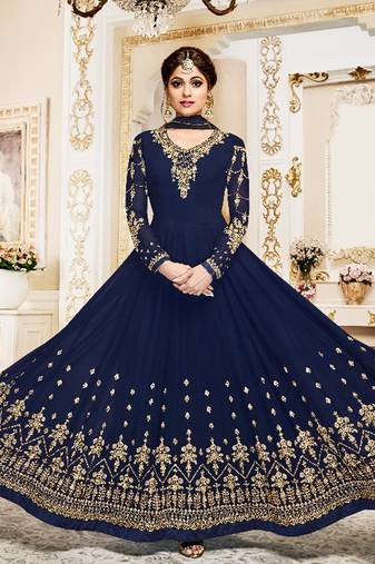 Navy Blue Georgette Embroidered Wedding Anarkali Semi-Suit