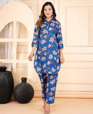 Women blue cotton printed & hand work straight kurta bottom set 1
