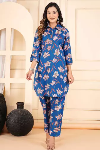 Women blue cotton printed & hand work straight kurta bottom set
