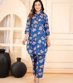 Women blue cotton printed & hand work straight kurta bottom set