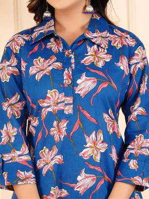 Women blue cotton printed & hand work straight kurta bottom set 4