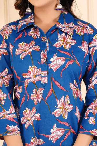 Women blue cotton printed & hand work straight kurta bottom set