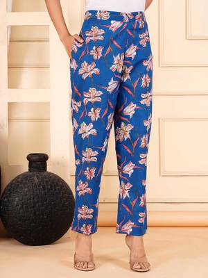 Women blue cotton printed & hand work straight kurta bottom set 5