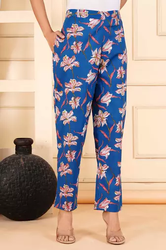 Women blue cotton printed & hand work straight kurta bottom set
