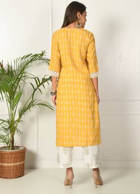 Women yellow rayon printed & trim work kurta bottom set 2