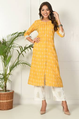 Women yellow rayon printed & trim work kurta bottom set