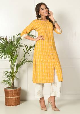 Women yellow rayon printed & trim work kurta bottom set 3