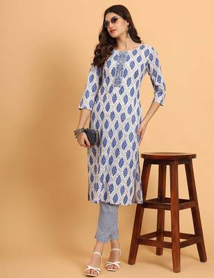 Women Blue rayon printed & trim work kurta bottom set 1