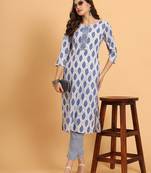 Women Blue rayon printed & trim work kurta bottom set