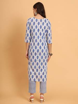 Women Blue rayon printed & trim work kurta bottom set 3