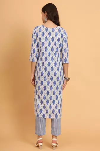 Women Blue rayon printed & trim work kurta bottom set