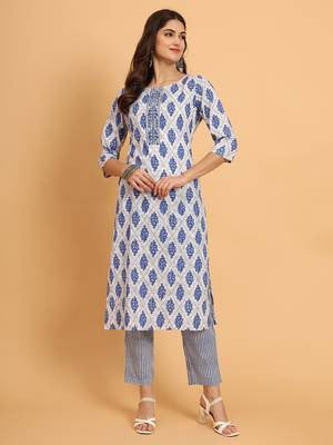 Women Blue rayon printed & trim work kurta bottom set 4