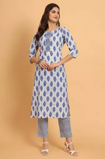 Women Blue rayon printed & trim work kurta bottom set