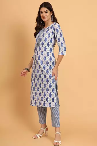 Women Blue rayon printed & trim work kurta bottom set