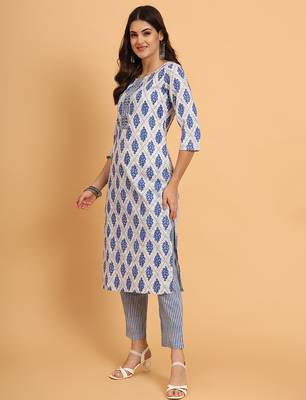 Women yellow cotton printed & embroidred trim work kurta bottom set 1