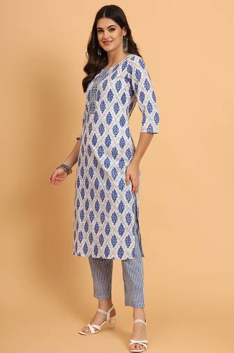 Women yellow cotton printed & embroidred trim work kurta bottom set