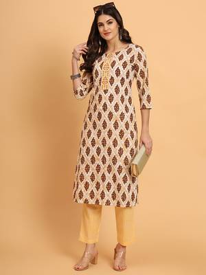 Women yellow cotton printed & embroidred trim work kurta bottom set 3