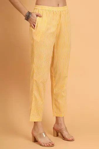 Women yellow cotton printed & embroidred trim work kurta bottom set
