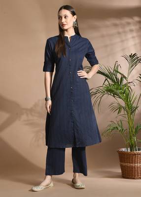 Women blue cotton katha & trim work kurta bottom set 1