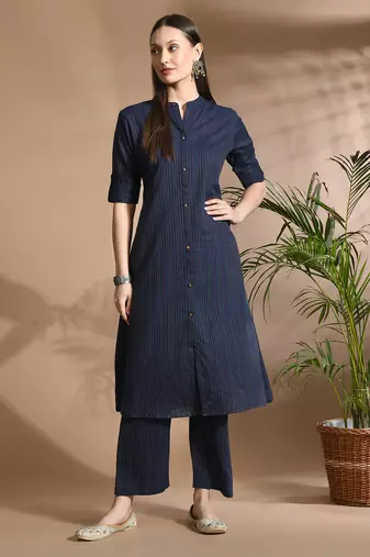 Women blue cotton katha & trim work kurta bottom set