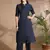 Women blue cotton katha & trim work kurta bottom set