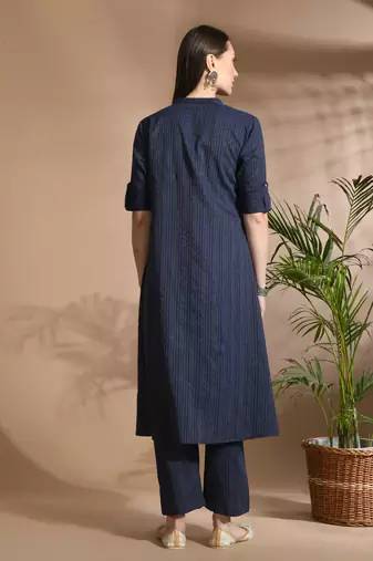 Women blue cotton katha & trim work kurta bottom set