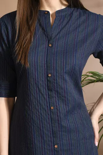 Women blue cotton katha & trim work kurta bottom set