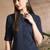 Women blue cotton katha & trim work kurta bottom set