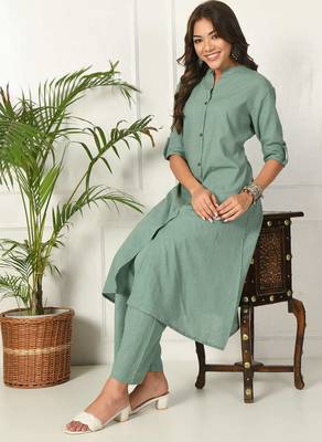 Women green cotton katha & trim work kurta bottom set 1