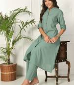 Women green cotton katha & trim work kurta bottom set