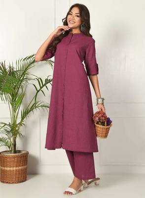 Women purple cotton katha & trim work kurta bottom set 1