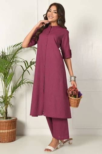 Women purple cotton katha & trim work kurta bottom set
