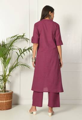 Women purple cotton katha & trim work kurta bottom set 2