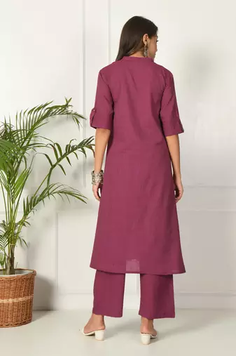 Women purple cotton katha & trim work kurta bottom set