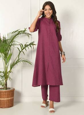 Women purple cotton katha & trim work kurta bottom set 3