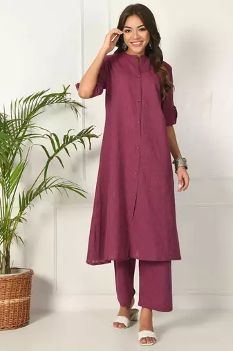 Women purple cotton katha & trim work kurta bottom set