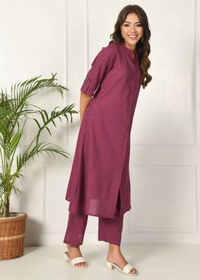 Women purple cotton katha & trim work kurta bottom set 4