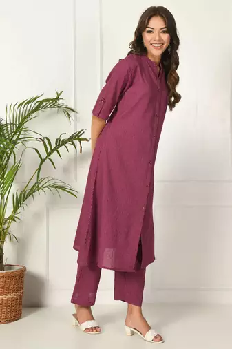 Women purple cotton katha & trim work kurta bottom set