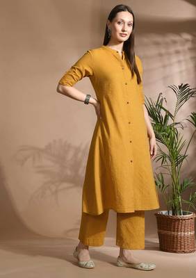 Women mustard cotton katha & trim work kurta bottom set 1
