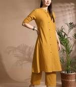 Women mustard cotton katha & trim work kurta bottom set