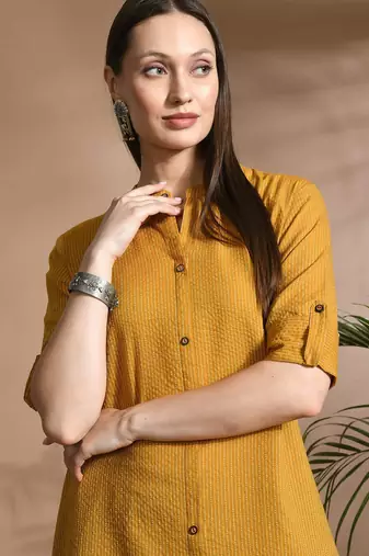 Women mustard cotton katha & trim work kurta bottom set