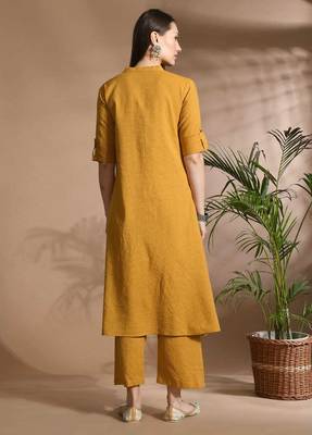 Women mustard cotton katha & trim work kurta bottom set 3