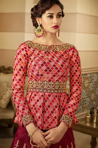 Maroon Raw Silk Embroidered Wedding Wear Designer Anarkali Suit