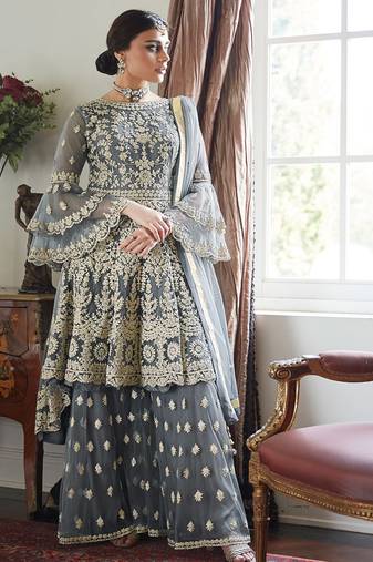 Grey Net Resham Embroidered Wedding Wear Designer Indo Western Semi-Suit