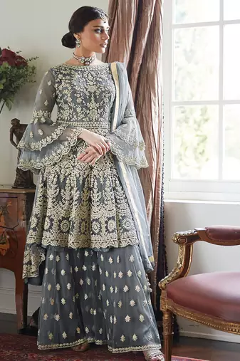 Grey Net Resham Embroidered Wedding Wear Designer Indo Western Semi-Suit