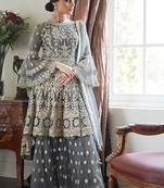 Grey Net Resham Embroidered Wedding Wear Designer Indo Western Semi-Suit