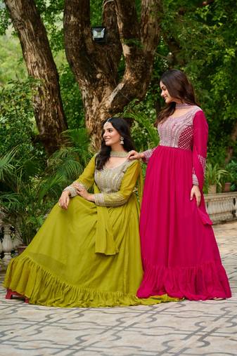 Paroot green georgette with embroidery beads sequins-work  ready to wear gown wtth dupatta
